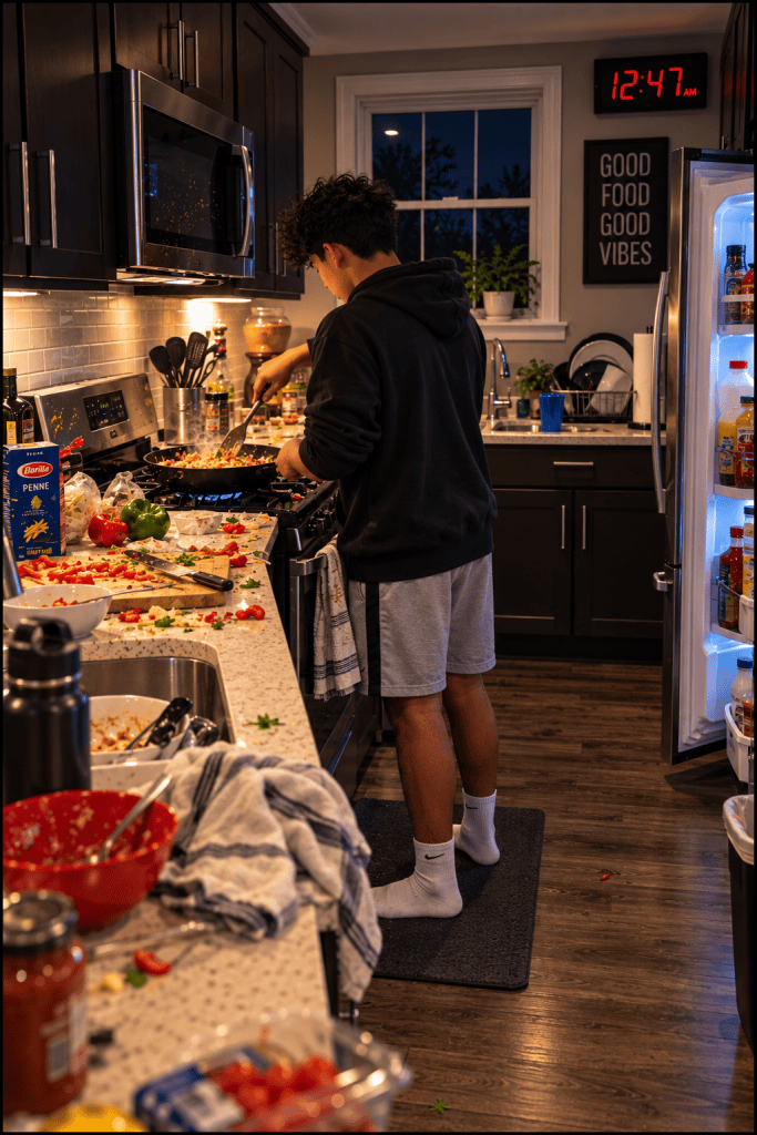 A young person cooking in a messy kitchen, with food ingredients scattered on the counter and a clock showing 12:47 AM in the background.